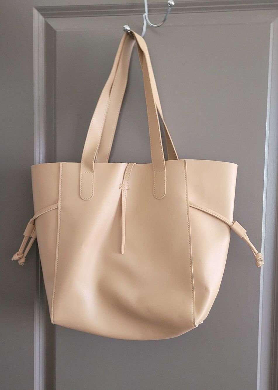 Slouchy Bucket Drawstring Tote Bag Two Handle Faux Leather Tan Boho